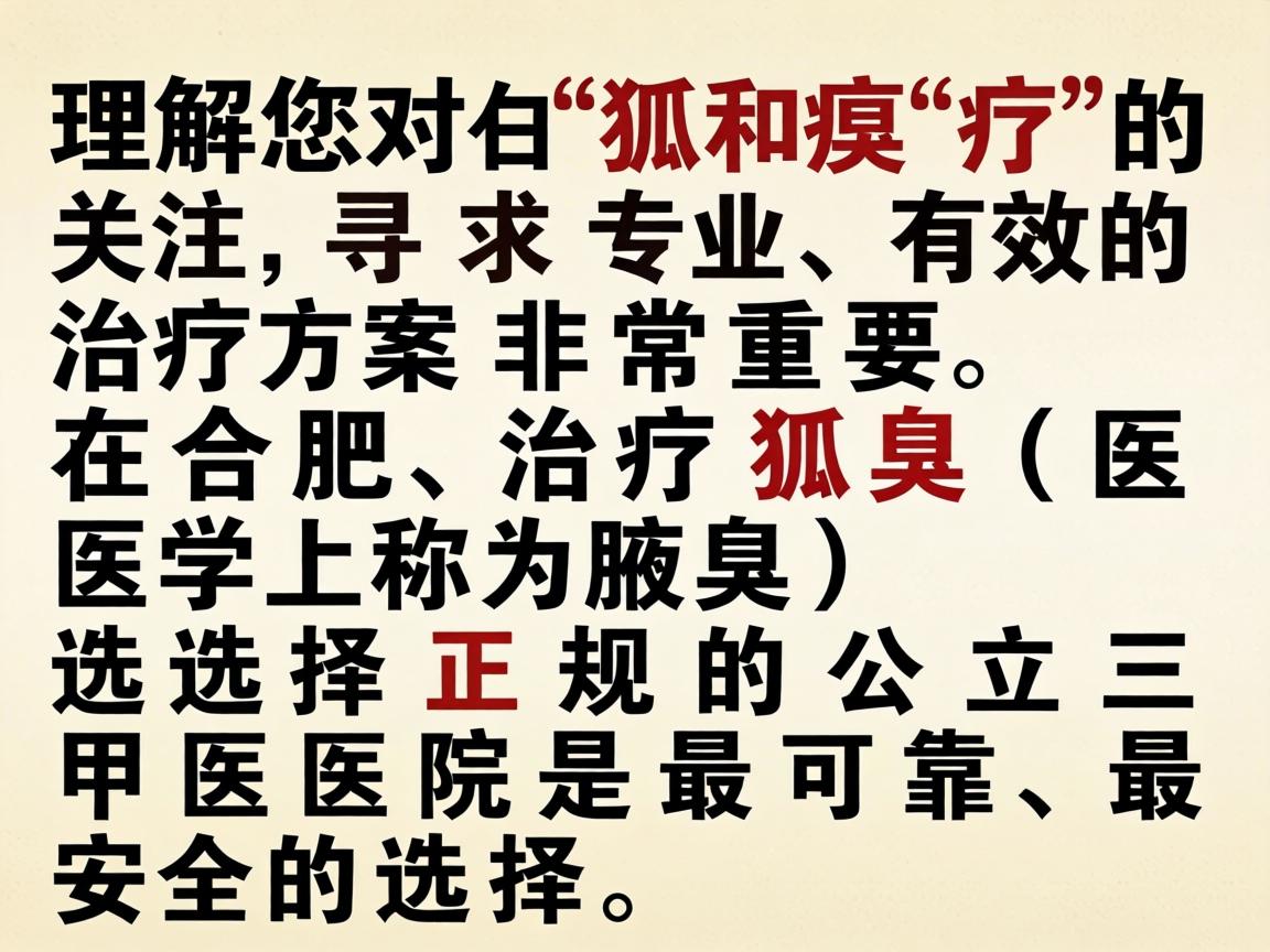 理解您对狐臭治疗的关注，寻求专业、有效的治疗方案非常重要。在合肥，治疗狐臭（医学上称为腋臭）选择正规的公立三甲医院是最可靠、最安全的选择