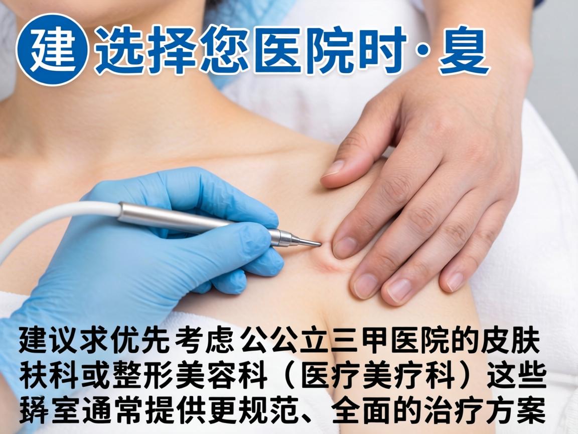 在选择医院时，建议您优先考虑公立三甲医院的皮肤科或整形美容科（医疗美容科）这些科室通常提供更规范、全面的治疗方案