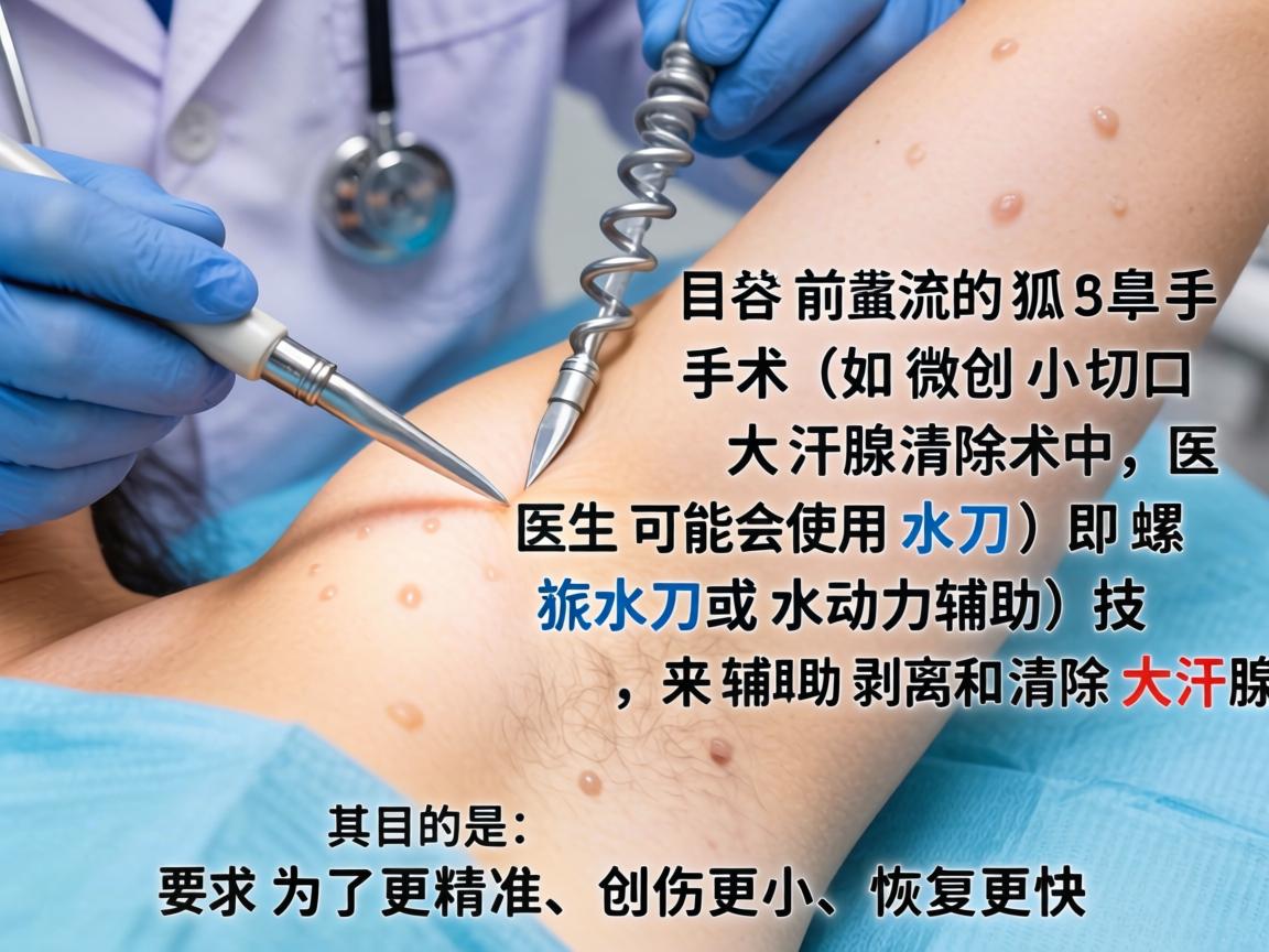 目前主流的狐臭手术(如微创小切口大汗腺清除术)中,医生可能会使用水刀(即螺旋水刀或水动力辅助)技术来辅助剥离和清除大汗腺,其目的是为了更精准、创伤更小、恢复更快 目前主流的狐臭手术(如微创小切口大汗腺清除术)中,医生可能会使用水刀(即螺旋水刀或水动力辅助)技术来辅助剥离和清除大汗腺,其目的是为了更精准、创伤更小、恢复更快