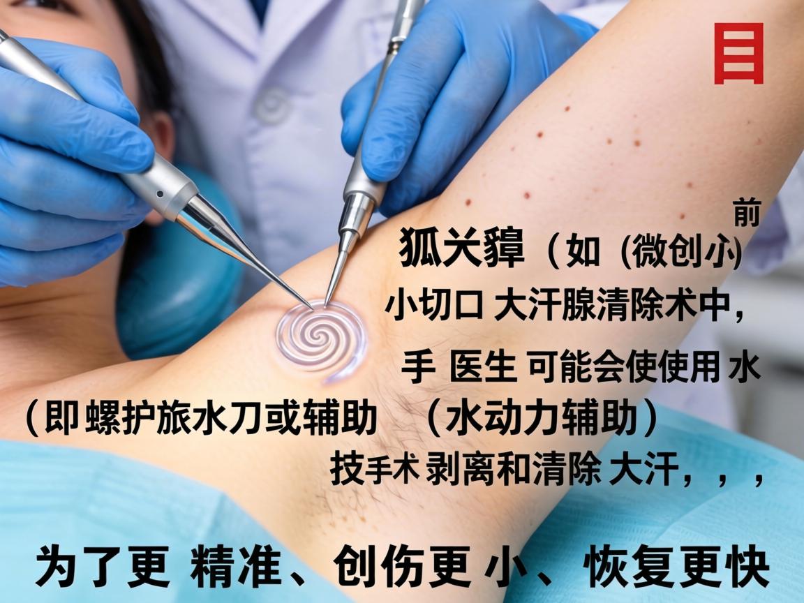 目前主流的狐臭手术(如微创小切口大汗腺清除术)中,医生可能会使用水刀(即螺旋水刀或水动力辅助)技术来辅助剥离和清除大汗腺,其目的是为了更精准、创伤更小、恢复更快 目前主流的狐臭手术(如微创小切口大汗腺清除术)中,医生可能会使用水刀(即螺旋水刀或水动力辅助)技术来辅助剥离和清除大汗腺,其目的是为了更精准、创伤更小、恢复更快