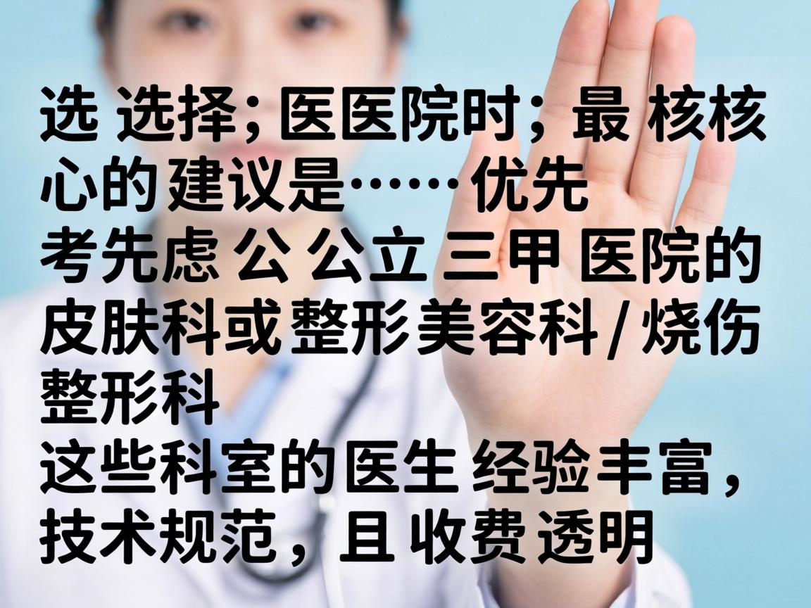 选择医院时，最核心的建议是，优先考虑公立三甲医院的皮肤科或整形美容科/烧伤整形科。这些科室的医生经验丰富，技术规范，且收费透明