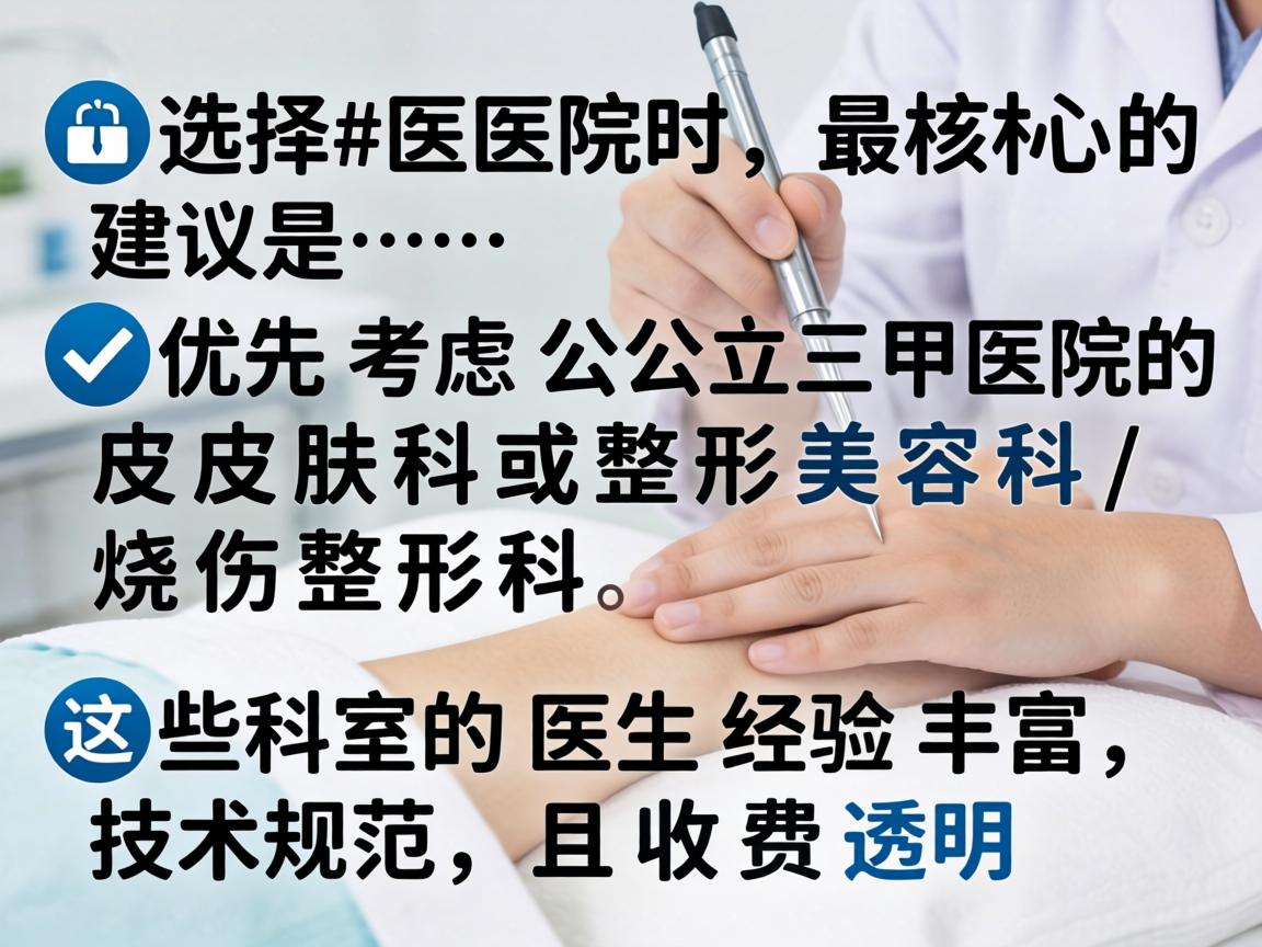 选择医院时，最核心的建议是，优先考虑公立三甲医院的皮肤科或整形美容科/烧伤整形科。这些科室的医生经验丰富，技术规范，且收费透明