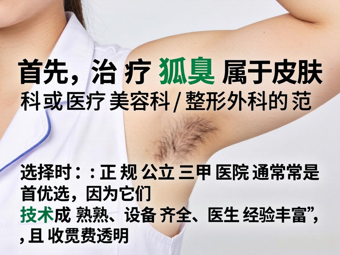 首先，治疗狐臭属于皮肤科或医疗美容科/整形外科的范畴。选择时，正规公立三甲医院通常是首选，因为它们技术成熟、设备齐全、医生经验丰富，且收费透明