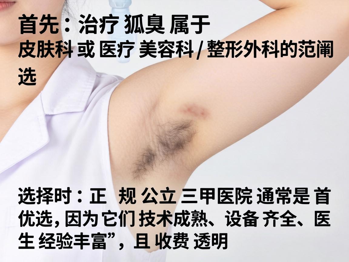 首先，治疗狐臭属于皮肤科或医疗美容科/整形外科的范畴。选择时，正规公立三甲医院通常是首选，因为它们技术成熟、设备齐全、医生经验丰富，且收费透明