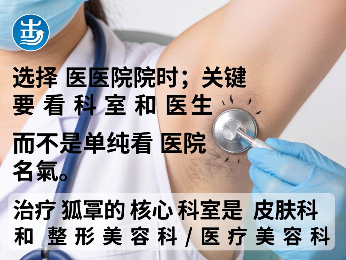 选择医院时，关键要看 科室 和 医生，而不是单纯看医院名气。治疗狐臭的核心科室是 皮肤科 和 整形美容科/医疗美容科