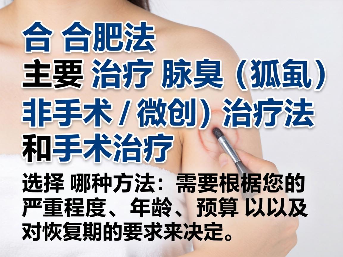 在合肥，治疗腋臭（狐臭）主要有两大类方法，非手术（微创）治疗和手术治疗。选择哪种方法，需要根据您的严重程度、年龄、预算以及对恢复期的要求来决定