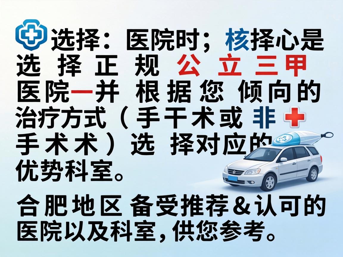 选择医院时，核心是选择 正规公立三甲医院 并根据您倾向的治疗方式（手术或非手术）选择对应的优势科室。以下是合肥地区备受推荐和认可的医院及科室，供您参考