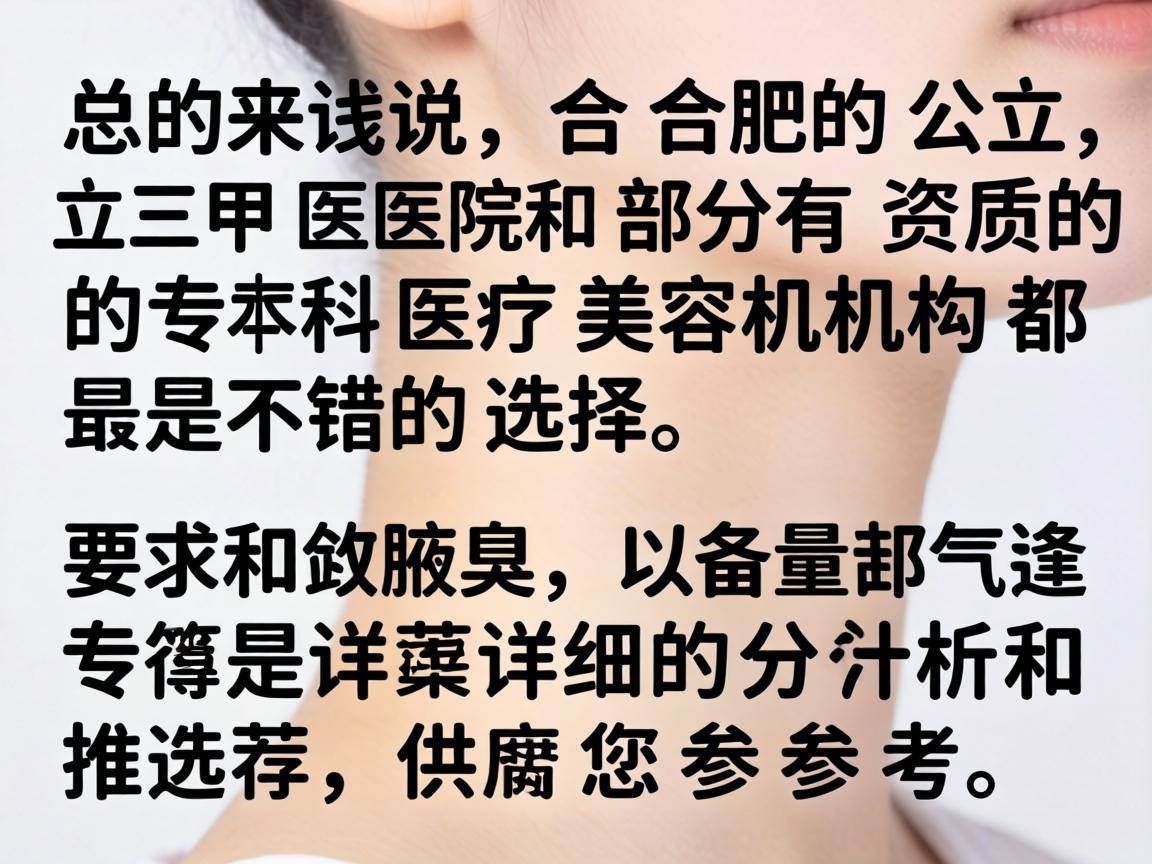 总的来说,合肥的公立三甲医院和部分有资质的专科医疗美容机构都是不错的选择。以下是详细的分析和推荐,供您参考 总的来说,合肥的公立三甲医院和部分有资质的专科医疗美容机构都是不错的选择。以下是详细的分析和推荐,供您参考