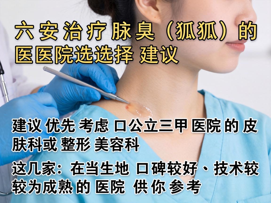 六安治疗腋臭（狐臭）的医院选择，建议优先考虑公立三甲医院的皮肤科或整形美容科。以下是几家在当地口碑较好、技术较为成熟的医院供你参考