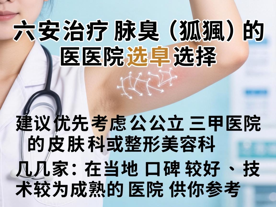 六安治疗腋臭（狐臭）的医院选择，建议优先考虑公立三甲医院的皮肤科或整形美容科。以下是几家在当地口碑较好、技术较为成熟的医院供你参考