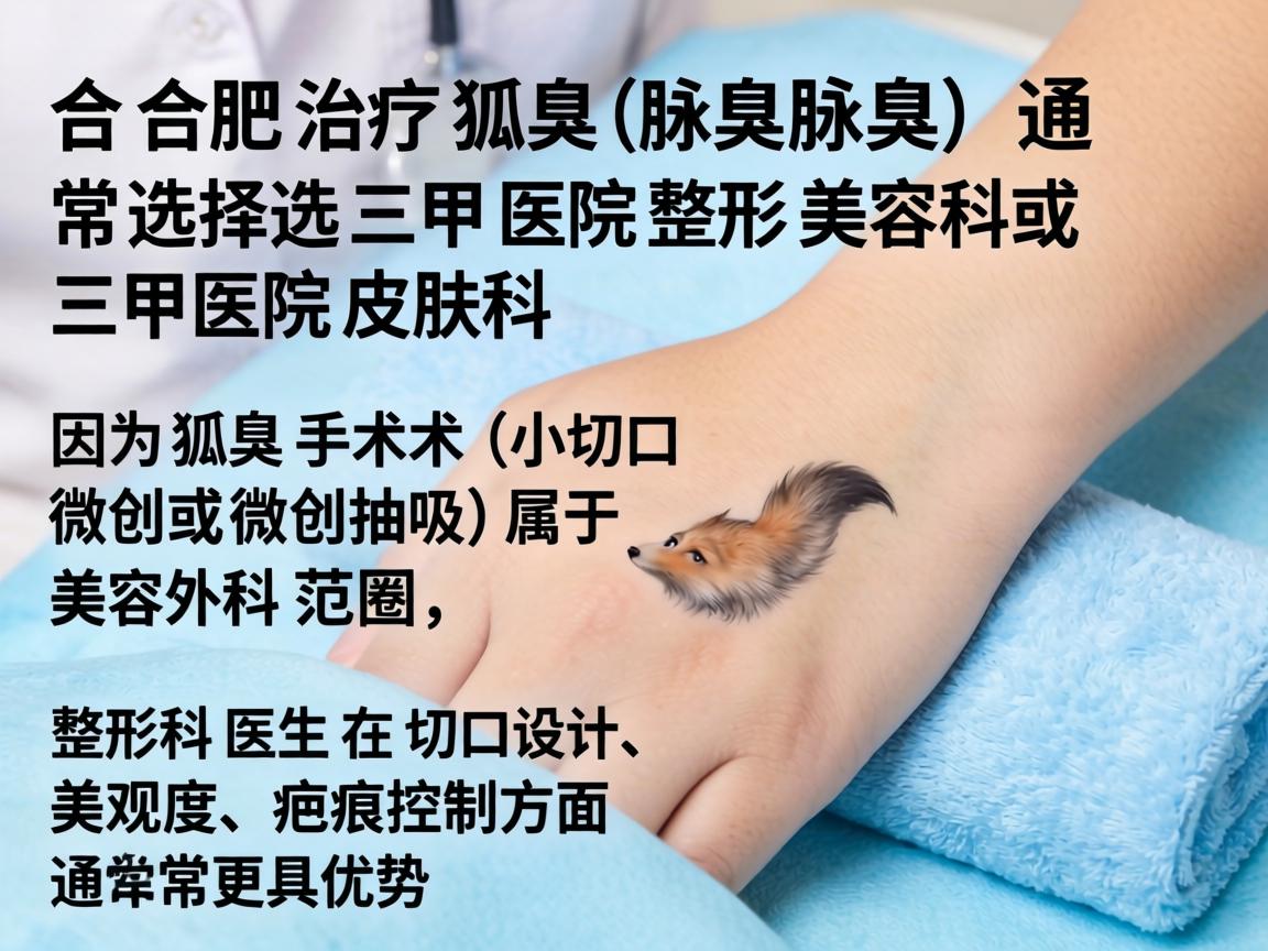 在合肥,治疗狐臭(腋臭)通常选择三甲医院整形美容科或三甲医院皮肤科。因为狐臭手术(小切口微创或微创抽吸)属于美容外科范畴,整形科医生在切口设计、美观度、疤痕控制方面通常更具优势 在合肥,治疗狐臭(腋臭)通常选择三甲医院整形美容科或三甲医院皮肤科。因为狐臭手术(小切口微创或微创抽吸)属于美容外科范畴,整形科医生在切口设计、美观度、疤痕控制方面通常更具优势