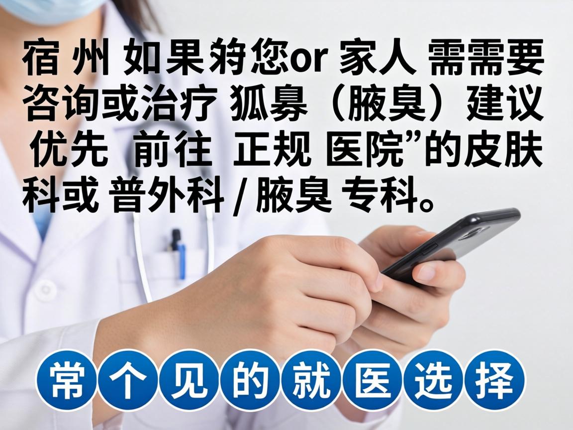 在宿州，如果您或家人需要咨询或治疗狐臭（腋臭）建议优先前往正规医院的皮肤科或普外科/腋臭专科。以下是几个常见的就医选择