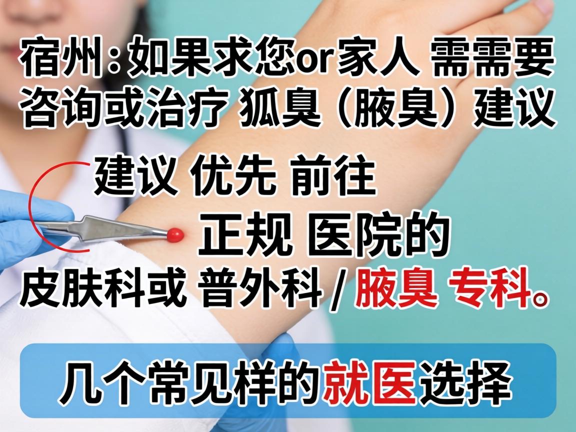 在宿州，如果您或家人需要咨询或治疗狐臭（腋臭）建议优先前往正规医院的皮肤科或普外科/腋臭专科。以下是几个常见的就医选择