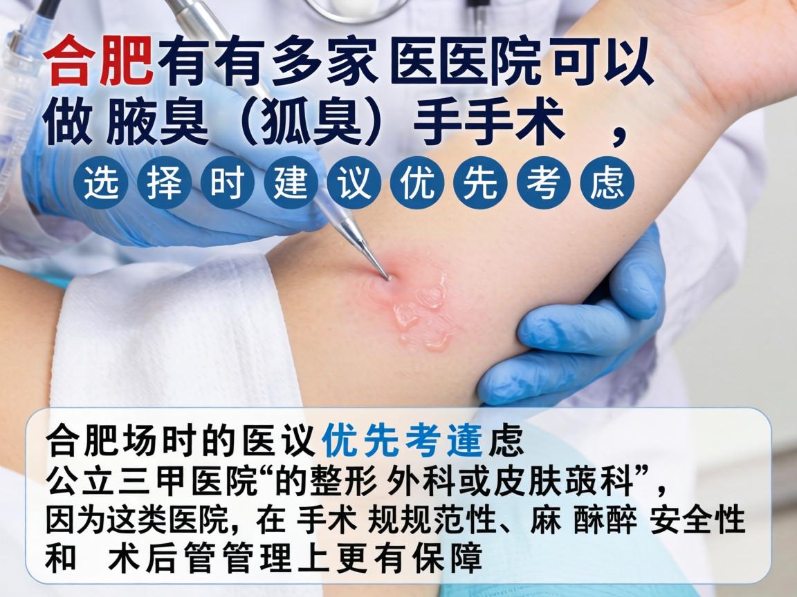 合肥有多家医院可以做腋臭（狐臭）手术，选择时建议优先考虑公立三甲医院的整形外科或皮肤科，因为这类医院在手术规范性、麻醉安全性和术后管理上更有保障