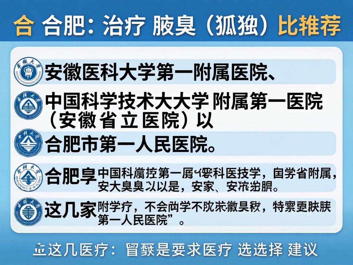 在合肥,治疗腋臭(狐臭)比较推荐的医院主要包括安徽医科大学第一附属医院、中国科学技术大学附属第一医院(安徽省立医院)以及合肥市第一人民医院。以下是这几家医院的特点和选择建议 在合肥,治疗腋臭(狐臭)比较推荐的医院主要包括安徽医科大学第一附属医院、中国科学技术大学附属第一医院(安徽省立医院)以及合肥市第一人民医院。以下是这几家医院的特点和选择建议