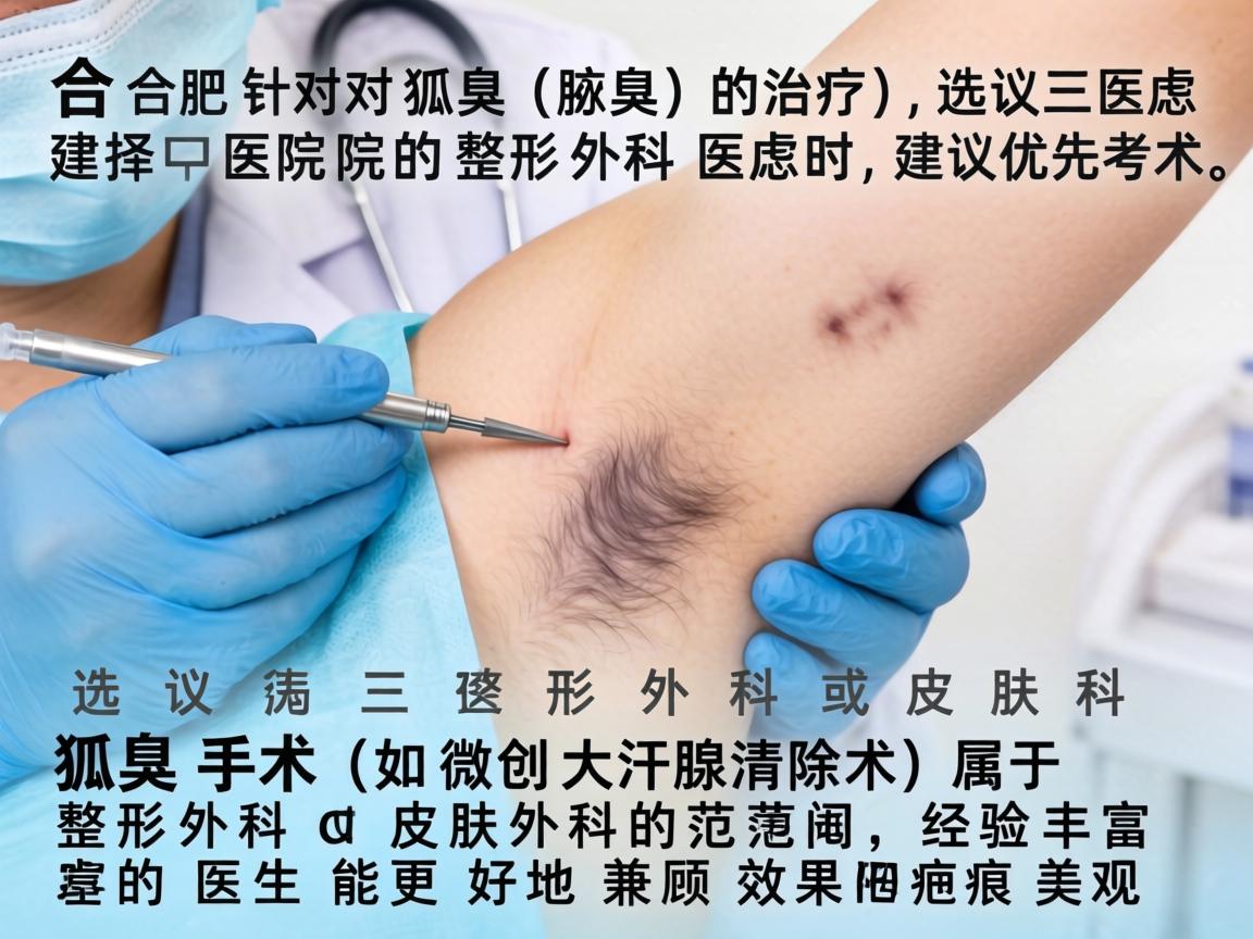 在合肥,针对狐臭(腋臭)的治疗,选择医院和医生时,建议优先考虑三甲医院的整形外科或皮肤科。狐臭手术(如微创大汗腺清除术)属于整形外科或皮肤外科的范畴,经验丰富的医生能更好地兼顾效果和疤痕美观 在合肥,针对狐臭(腋臭)的治疗,选择医院和医生时,建议优先考虑三甲医院的整形外科或皮肤科。狐臭手术(如微创大汗腺清除术)属于整形外科或皮肤外科的范畴,经验丰富的医生能更好地兼顾效果和疤痕美观