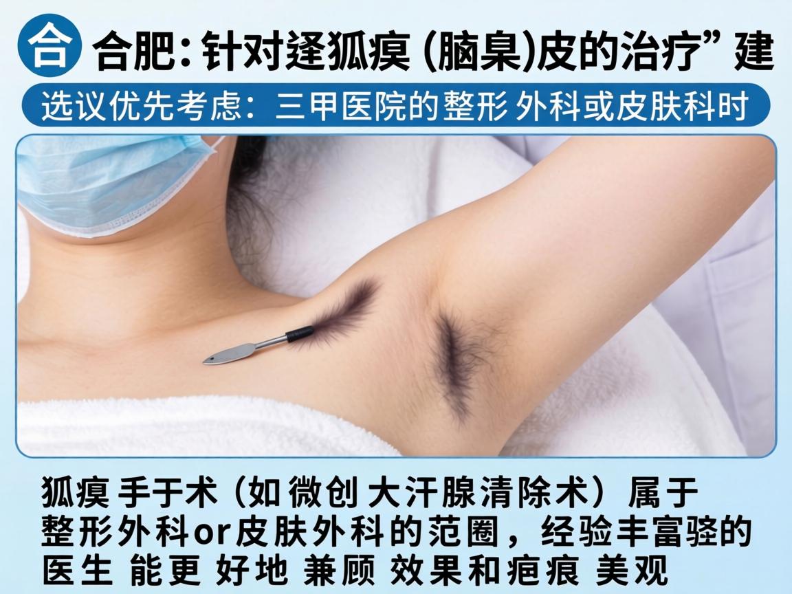 在合肥,针对狐臭(腋臭)的治疗,选择医院和医生时,建议优先考虑三甲医院的整形外科或皮肤科。狐臭手术(如微创大汗腺清除术)属于整形外科或皮肤外科的范畴,经验丰富的医生能更好地兼顾效果和疤痕美观 在合肥,针对狐臭(腋臭)的治疗,选择医院和医生时,建议优先考虑三甲医院的整形外科或皮肤科。狐臭手术(如微创大汗腺清除术)属于整形外科或皮肤外科的范畴,经验丰富的医生能更好地兼顾效果和疤痕美观