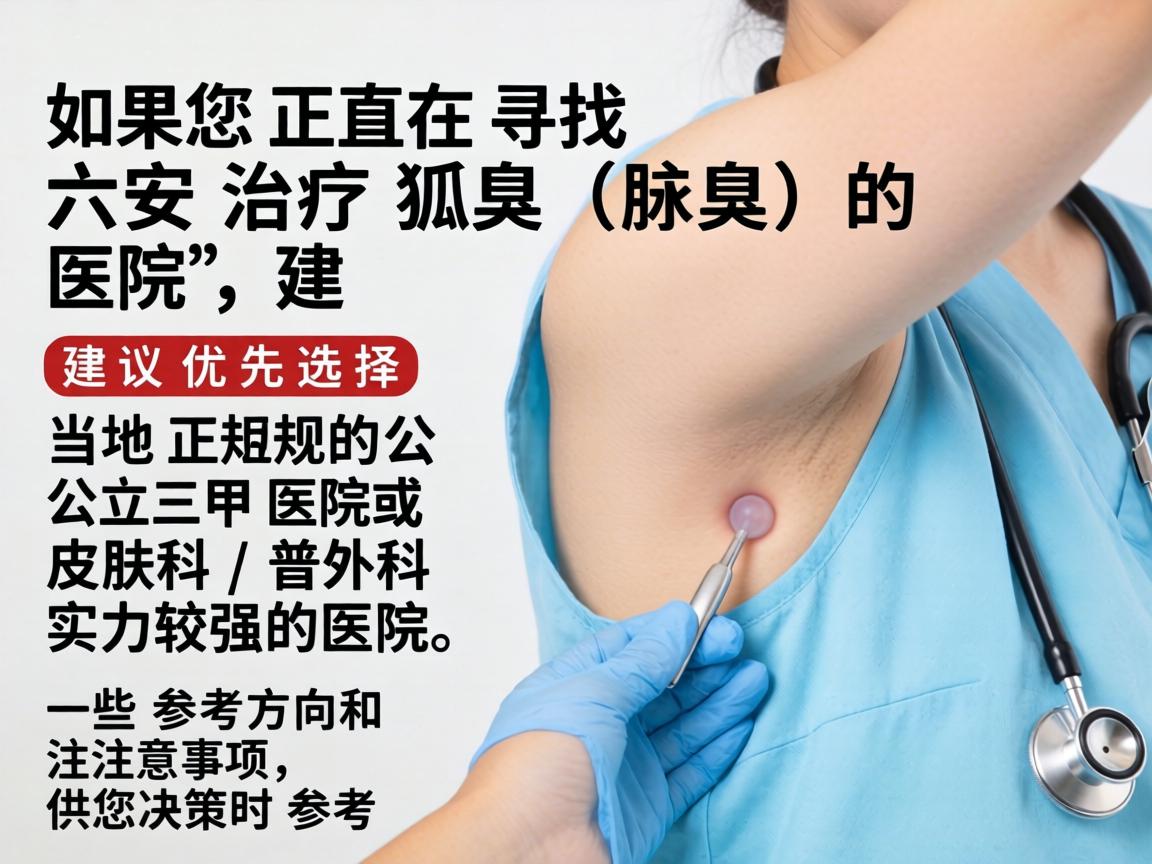 如果您正在寻找六安治疗狐臭（腋臭）的医院，建议优先选择当地正规的公立三甲医院或皮肤科/普外科实力较强的医院。以下是一些参考方向和注意事项，供您决策时参考