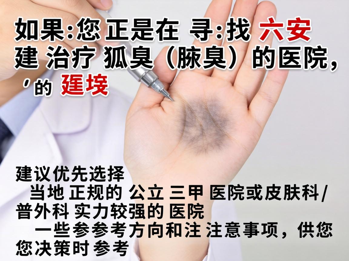 如果您正在寻找六安治疗狐臭（腋臭）的医院，建议优先选择当地正规的公立三甲医院或皮肤科/普外科实力较强的医院。以下是一些参考方向和注意事项，供您决策时参考