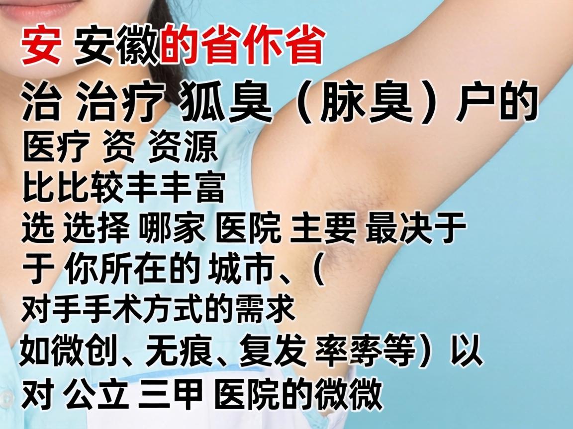 在安徽省，治疗狐臭（腋臭）的医疗资源比较丰富，选择哪家医院主要取决于你所在的城市、对手术方式的需求（如微创、无痕、复发率等）以及对公立三甲医院的偏好