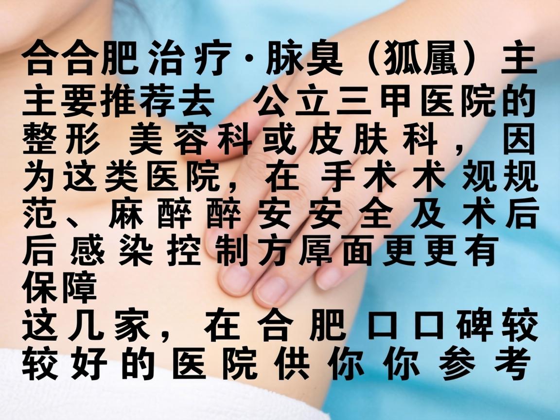 在合肥,治疗腋臭(狐臭)主要推荐去公立三甲医院的整形美容科或皮肤科,因为这类医院在手术规范、麻醉安全及术后感染控制方面更有保障。以下是几家在合肥口碑较好的医院供你参考 在合肥,治疗腋臭(狐臭)主要推荐去公立三甲医院的整形美容科或皮肤科,因为这类医院在手术规范、麻醉安全及术后感染控制方面更有保障。以下是几家在合肥口碑较好的医院供你参考