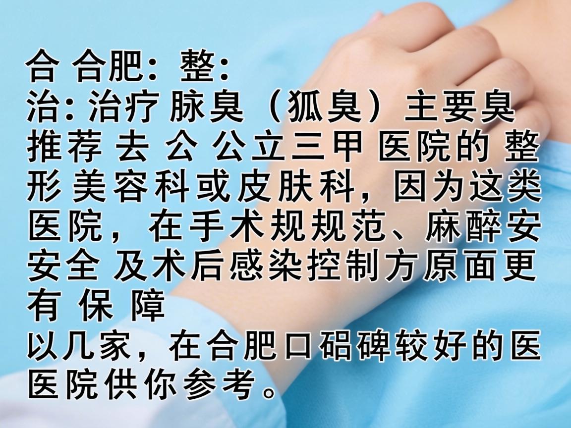 在合肥,治疗腋臭(狐臭)主要推荐去公立三甲医院的整形美容科或皮肤科,因为这类医院在手术规范、麻醉安全及术后感染控制方面更有保障。以下是几家在合肥口碑较好的医院供你参考 在合肥,治疗腋臭(狐臭)主要推荐去公立三甲医院的整形美容科或皮肤科,因为这类医院在手术规范、麻醉安全及术后感染控制方面更有保障。以下是几家在合肥口碑较好的医院供你参考
