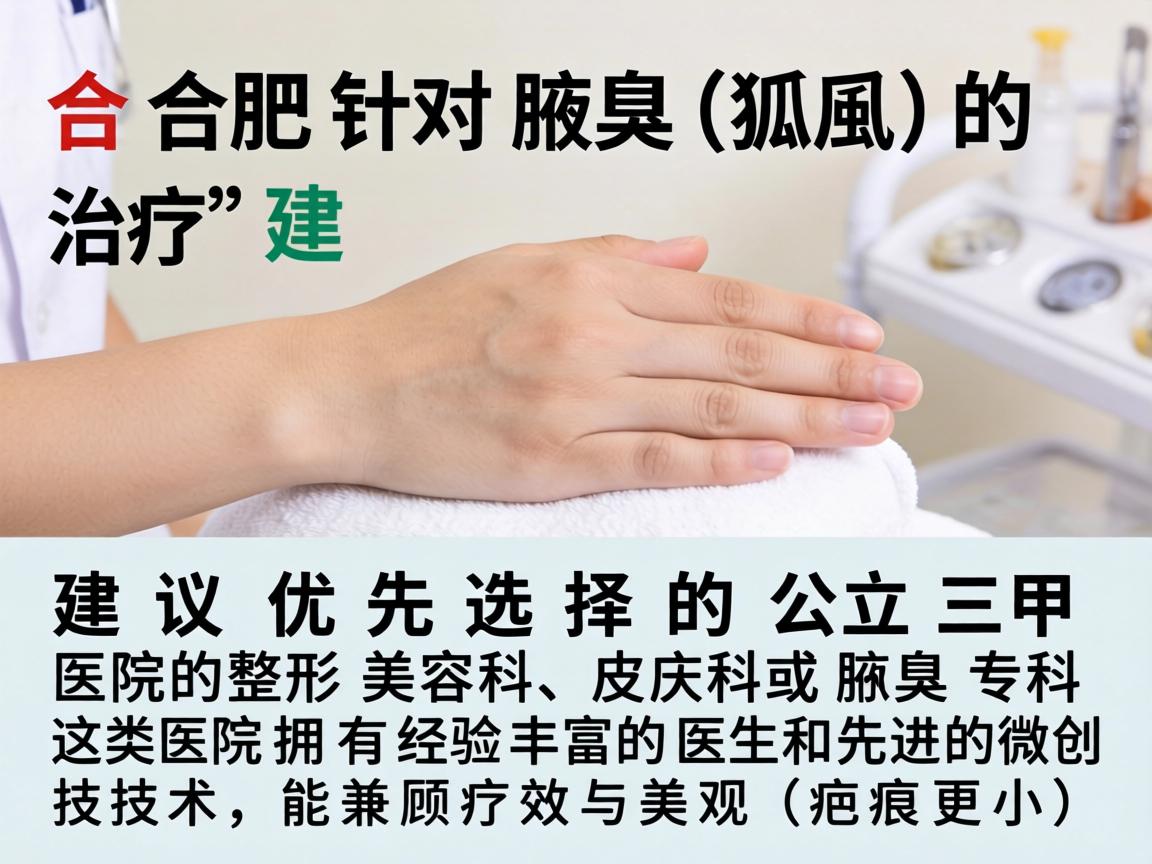 在合肥，针对腋臭（狐臭）的治疗，建议优先选择公立三甲医院的整形美容科、皮肤科或腋臭专科。这类医院拥有经验丰富的医生和先进的微创技术，能兼顾疗效与美观（疤痕更小）