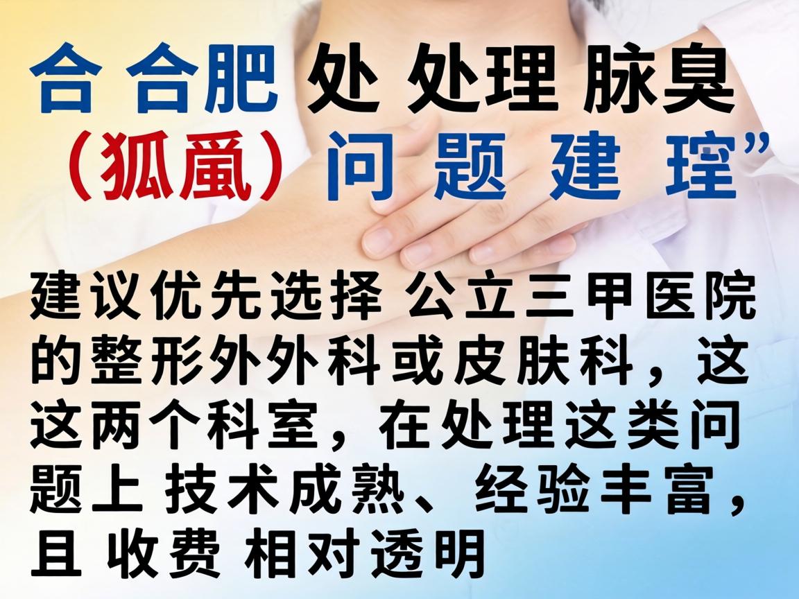 在合肥，处理腋臭（狐臭）问题，建议优先选择公立三甲医院的整形外科或皮肤科，这两个科室在处理这类问题上技术成熟、经验丰富，且收费相对透明