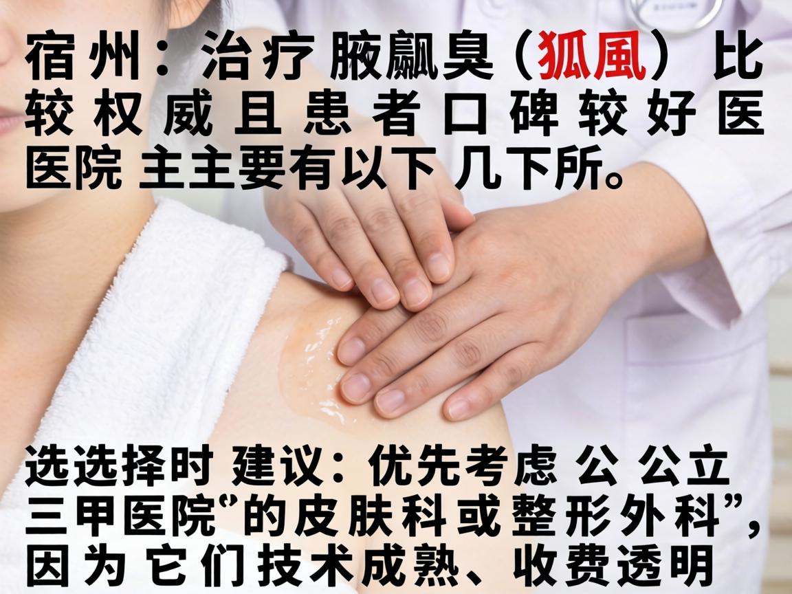 在宿州，治疗腋臭（狐臭）比较权威且患者口碑较好的医院主要有以下几所。选择时建议优先考虑公立三甲医院的皮肤科或整形外科，因为它们技术成熟、收费透明