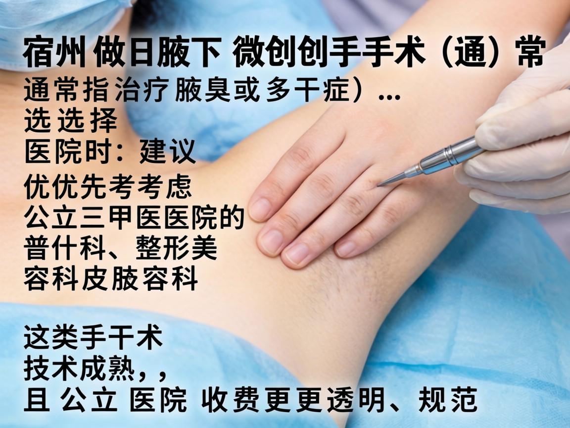 在宿州，做腋下微创手术（通常指治疗腋臭或多汗症）选择医院时，建议优先考虑公立三甲医院的普外科、整形美容科或皮肤科。这类手术技术成熟，且公立医院收费更透明、规范