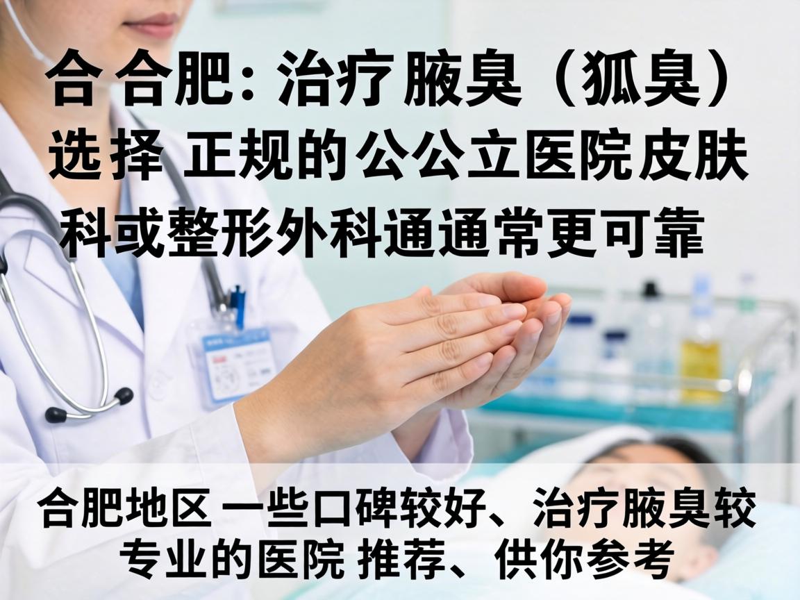 在合肥,治疗腋臭(狐臭)选择正规的公立医院皮肤科或整形外科通常更可靠。以下是合肥地区一些口碑较好、治疗腋臭较专业的医院推荐,供你参考 在合肥,治疗腋臭(狐臭)选择正规的公立医院皮肤科或整形外科通常更可靠。以下是合肥地区一些口碑较好、治疗腋臭较专业的医院推荐,供你参考