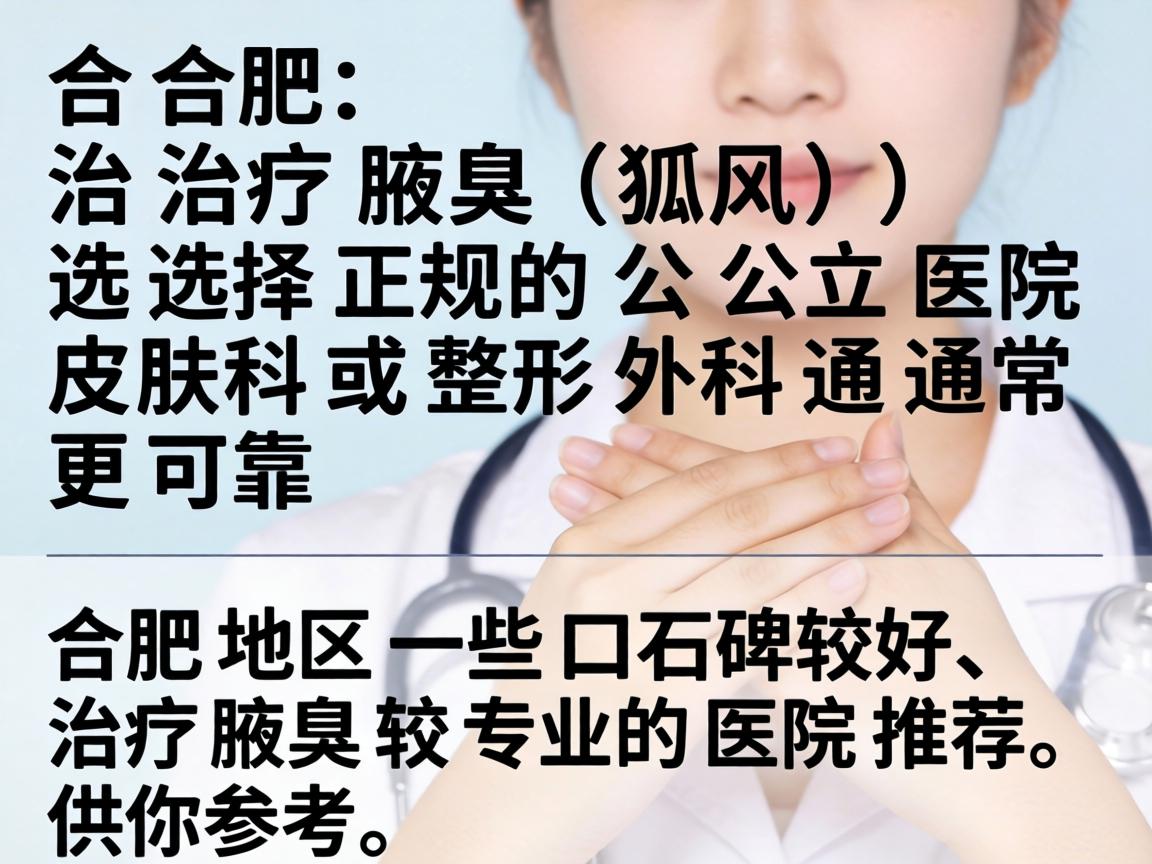 在合肥,治疗腋臭(狐臭)选择正规的公立医院皮肤科或整形外科通常更可靠。以下是合肥地区一些口碑较好、治疗腋臭较专业的医院推荐,供你参考 在合肥,治疗腋臭(狐臭)选择正规的公立医院皮肤科或整形外科通常更可靠。以下是合肥地区一些口碑较好、治疗腋臭较专业的医院推荐,供你参考