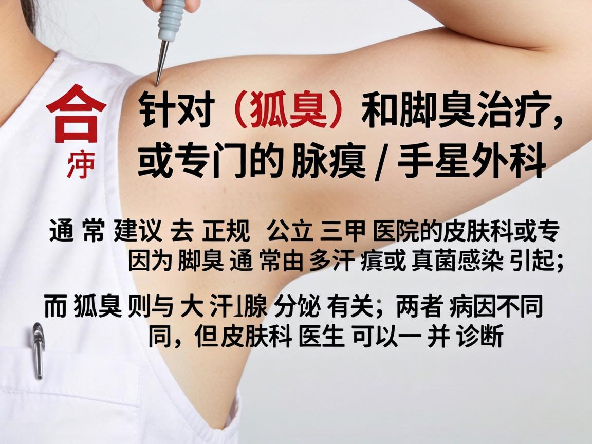 在合肥，针对狐臭（腋臭）和脚臭的治疗，通常建议去正规公立三甲医院的皮肤科或专门的腋臭/手足外科。因为脚臭通常由多汗症或真菌感染引起，而狐臭则与大汗腺分泌有关，两者病因不同，但皮肤科医生可以一并诊断