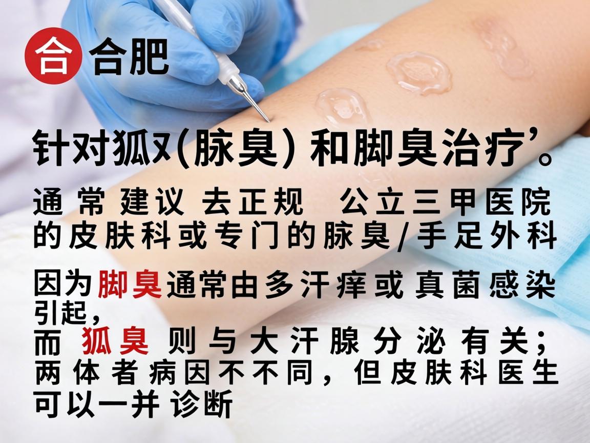 在合肥，针对狐臭（腋臭）和脚臭的治疗，通常建议去正规公立三甲医院的皮肤科或专门的腋臭/手足外科。因为脚臭通常由多汗症或真菌感染引起，而狐臭则与大汗腺分泌有关，两者病因不同，但皮肤科医生可以一并诊断