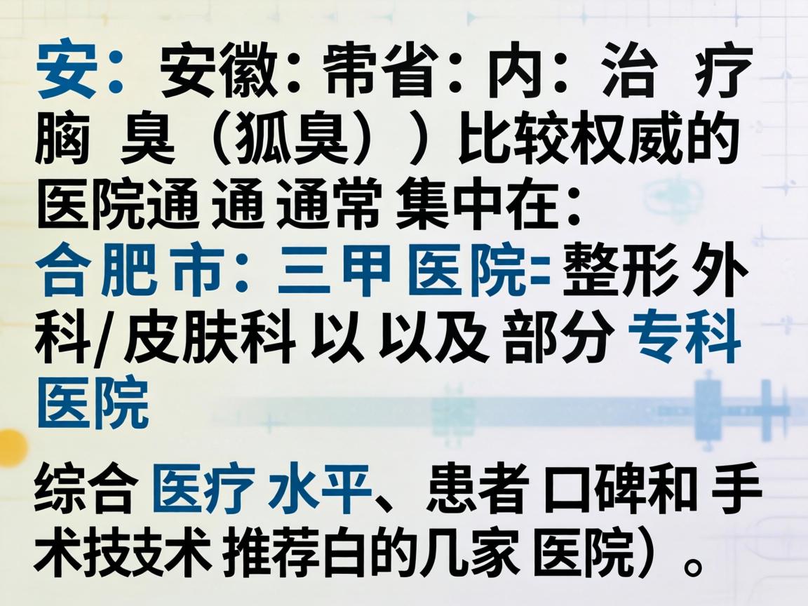 在安徽省内，治疗腋臭（狐臭）比较权威的医院通常集中在合肥市的三甲医院整形外科/皮肤科以及部分专科医院。以下是综合医疗水平、患者口碑和手术技术推荐的几家医院（排名不分先后）