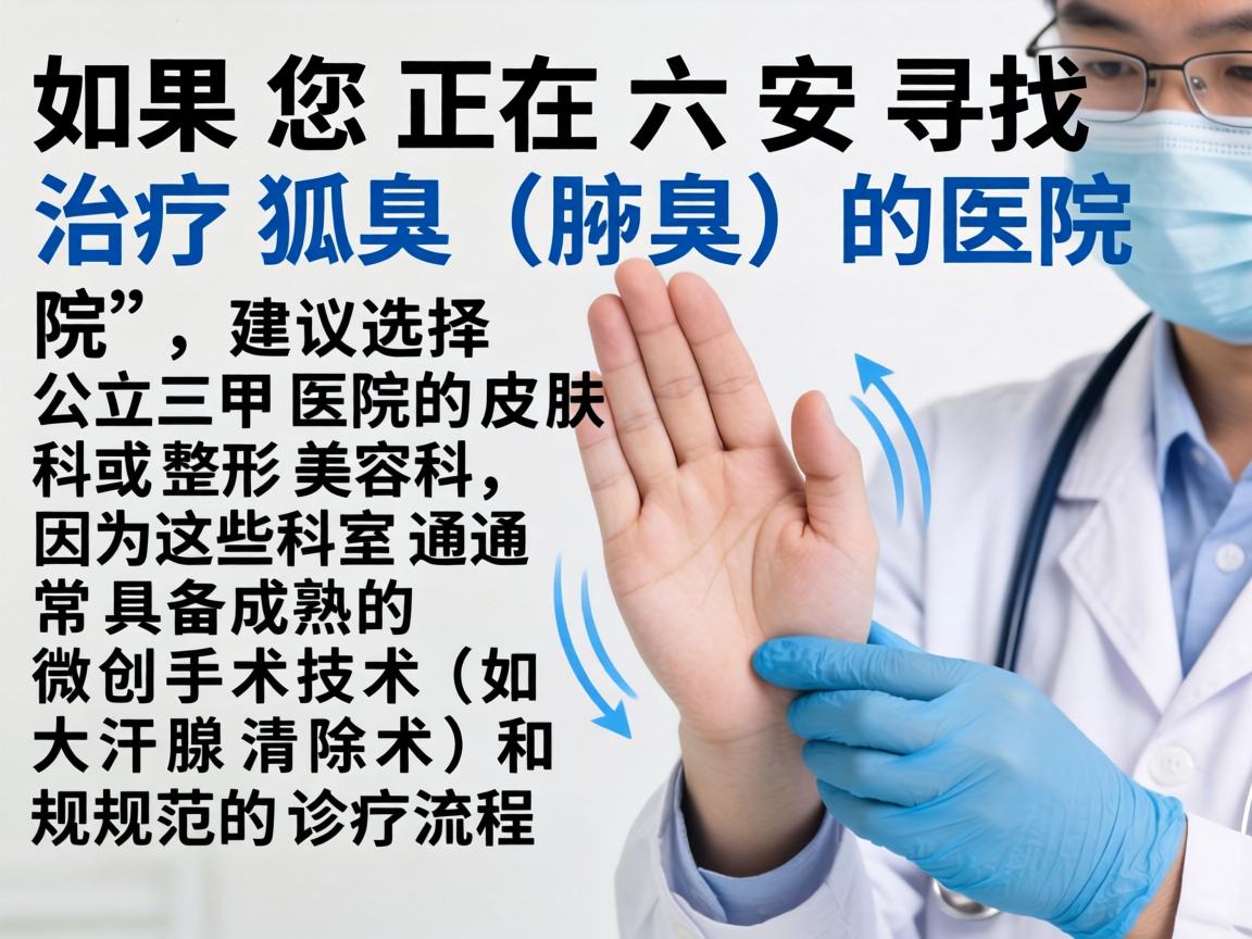如果您正在六安寻找治疗狐臭（腋臭）的医院，建议选择公立三甲医院的皮肤科或整形美容科，因为这些科室通常具备成熟的微创手术技术（如大汗腺清除术）和规范的诊疗流程