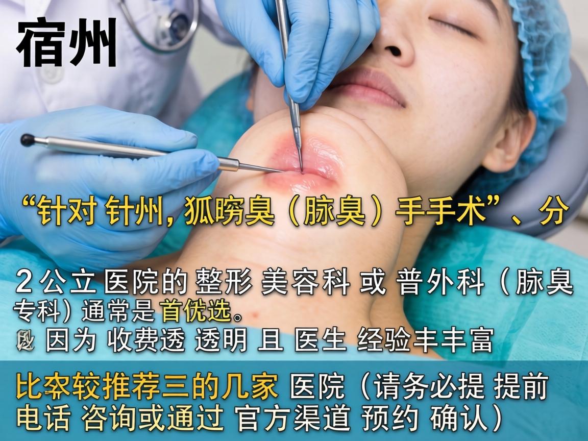 在宿州，针对狐臭（腋臭）手术，公立医院的整形美容科或普外科（腋臭专科）通常是首选，因为收费透明且医生经验丰富。以下是比较推荐的几家医院（请务必提前电话咨询或通过官方渠道预约确认）