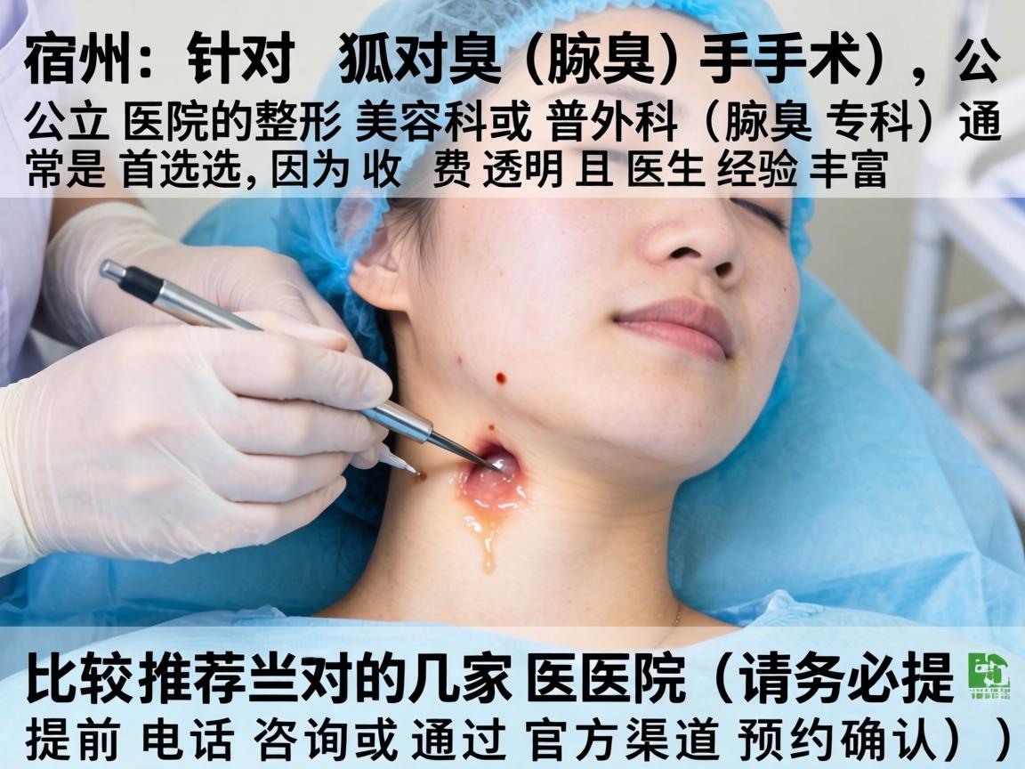 在宿州，针对狐臭（腋臭）手术，公立医院的整形美容科或普外科（腋臭专科）通常是首选，因为收费透明且医生经验丰富。以下是比较推荐的几家医院（请务必提前电话咨询或通过官方渠道预约确认）