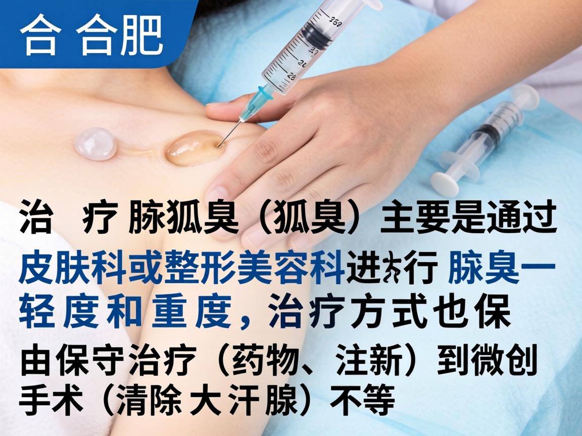 在合肥，治疗腋臭（狐臭）主要是通过皮肤科或整形美容科进行。腋臭一般分为轻度和重度，治疗方式也由保守治疗（药物、注射）到微创手术（清除大汗腺）不等