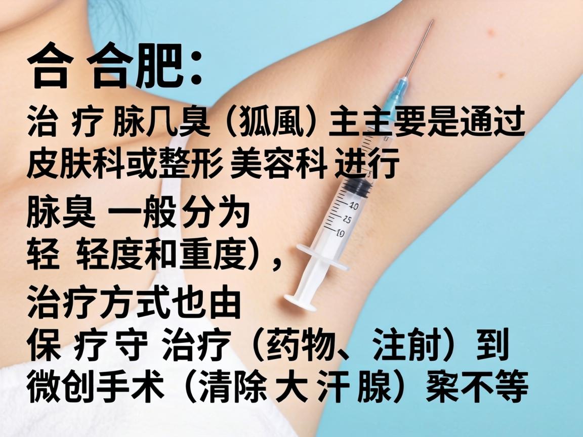 在合肥，治疗腋臭（狐臭）主要是通过皮肤科或整形美容科进行。腋臭一般分为轻度和重度，治疗方式也由保守治疗（药物、注射）到微创手术（清除大汗腺）不等