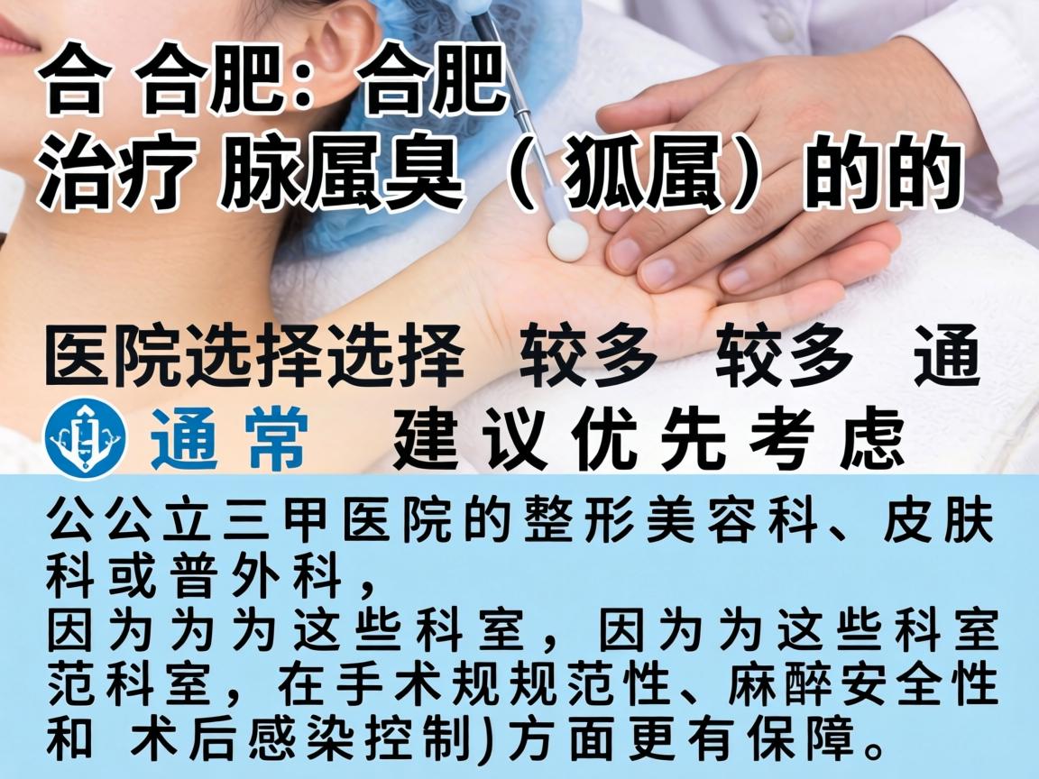 在合肥,治疗腋臭(狐臭)的医院选择较多,通常建议优先考虑公立三甲医院的整形美容科、皮肤科或普外科,因为这些科室在手术规范性、麻醉安全性和术后感染控制方面更有保障 在合肥,治疗腋臭(狐臭)的医院选择较多,通常建议优先考虑公立三甲医院的整形美容科、皮肤科或普外科,因为这些科室在手术规范性、麻醉安全性和术后感染控制方面更有保障