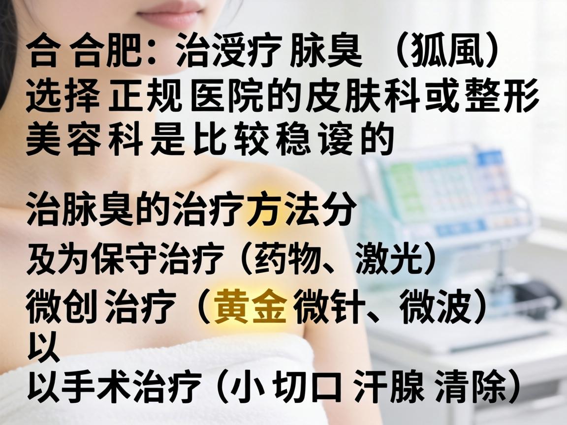 在合肥，治疗腋臭（狐臭）选择正规医院的皮肤科或整形美容科是比较稳妥的。腋臭的治疗方法分为保守治疗（药物、激光）微创治疗（黄金微针、微波）以及手术治疗（小切口汗腺清除）