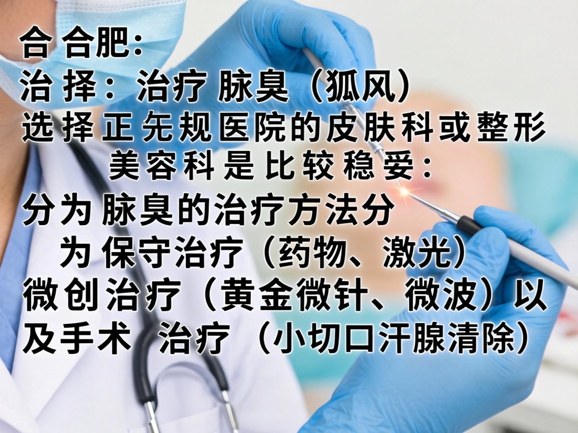 在合肥，治疗腋臭（狐臭）选择正规医院的皮肤科或整形美容科是比较稳妥的。腋臭的治疗方法分为保守治疗（药物、激光）微创治疗（黄金微针、微波）以及手术治疗（小切口汗腺清除）