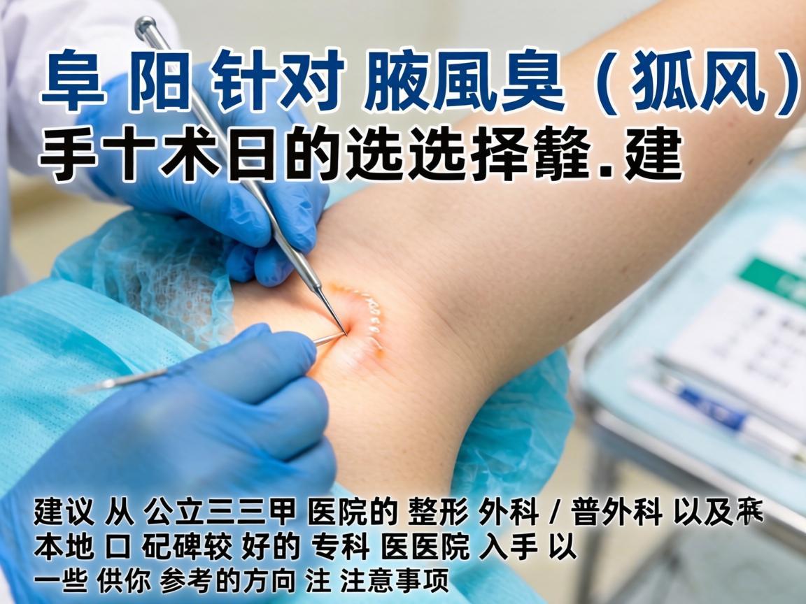 在阜阳，针对腋臭（狐臭）手术的选择，建议从公立三甲医院的整形外科/普外科以及本地口碑较好的专科医院入手。以下是一些供你参考的方向和注意事项
