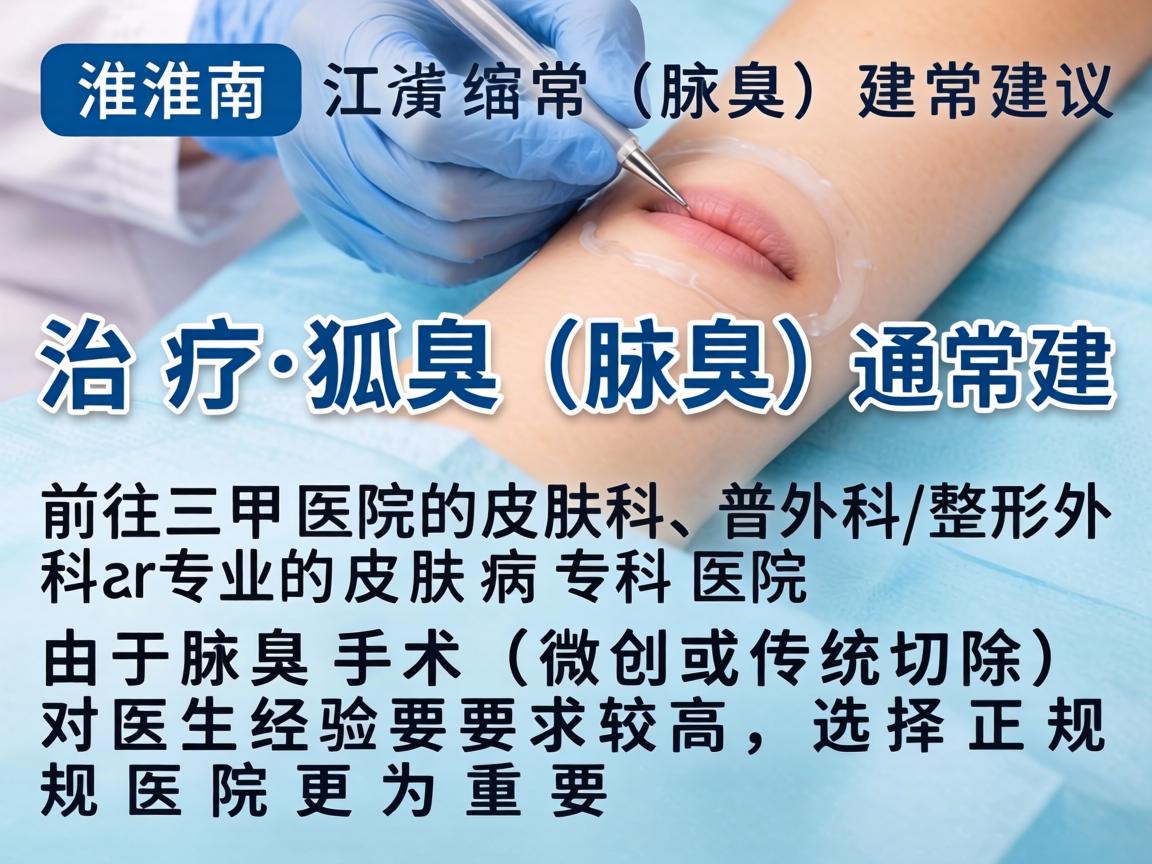 在淮南，治疗狐臭（腋臭）通常建议前往三甲医院的皮肤科、普外科/整形外科或专业的皮肤病专科医院。由于腋臭手术（微创或传统切除）对医生经验要求较高，选择正规医院更为重要