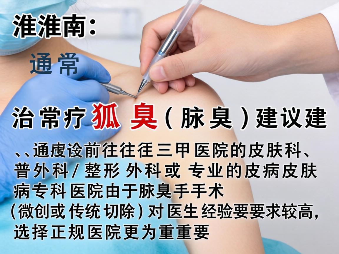 在淮南，治疗狐臭（腋臭）通常建议前往三甲医院的皮肤科、普外科/整形外科或专业的皮肤病专科医院。由于腋臭手术（微创或传统切除）对医生经验要求较高，选择正规医院更为重要