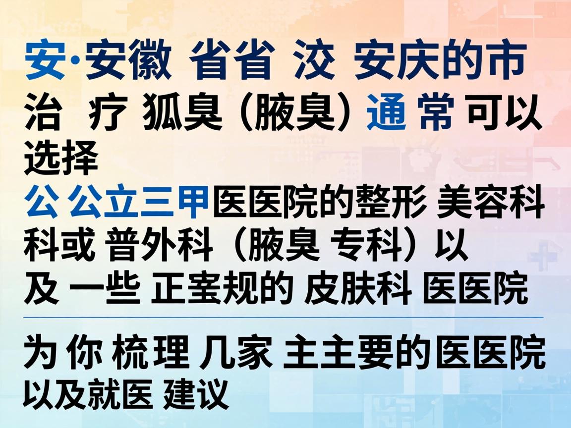 在安徽省安庆市，治疗狐臭（腋臭）通常可以选择公立三甲医院的整形美容科或普外科（腋臭专科）以及一些正规的皮肤科医院。下面为你梳理几家主要的医院及就医建议