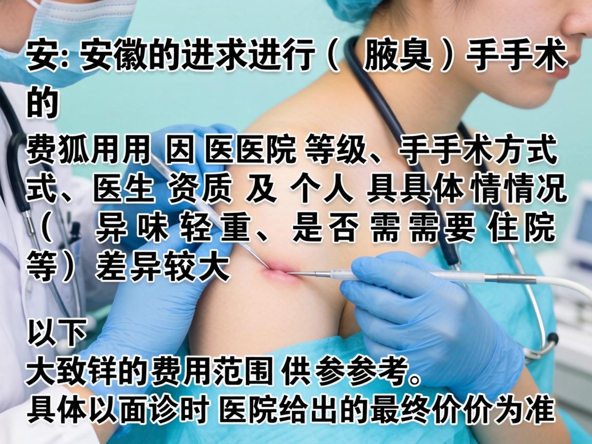 在安徽进行狐臭(腋臭)手术的费用因医院等级、手术方式、医生资质及个人具体情况(如异味轻重、是否需要住院等)差异较大。以下是大致的费用范围供参考,具体以面诊时医院给出的最终价格为准 在安徽进行狐臭(腋臭)手术的费用因医院等级、手术方式、医生资质及个人具体情况(如异味轻重、是否需要住院等)差异较大。以下是大致的费用范围供参考,具体以面诊时医院给出的最终价格为准