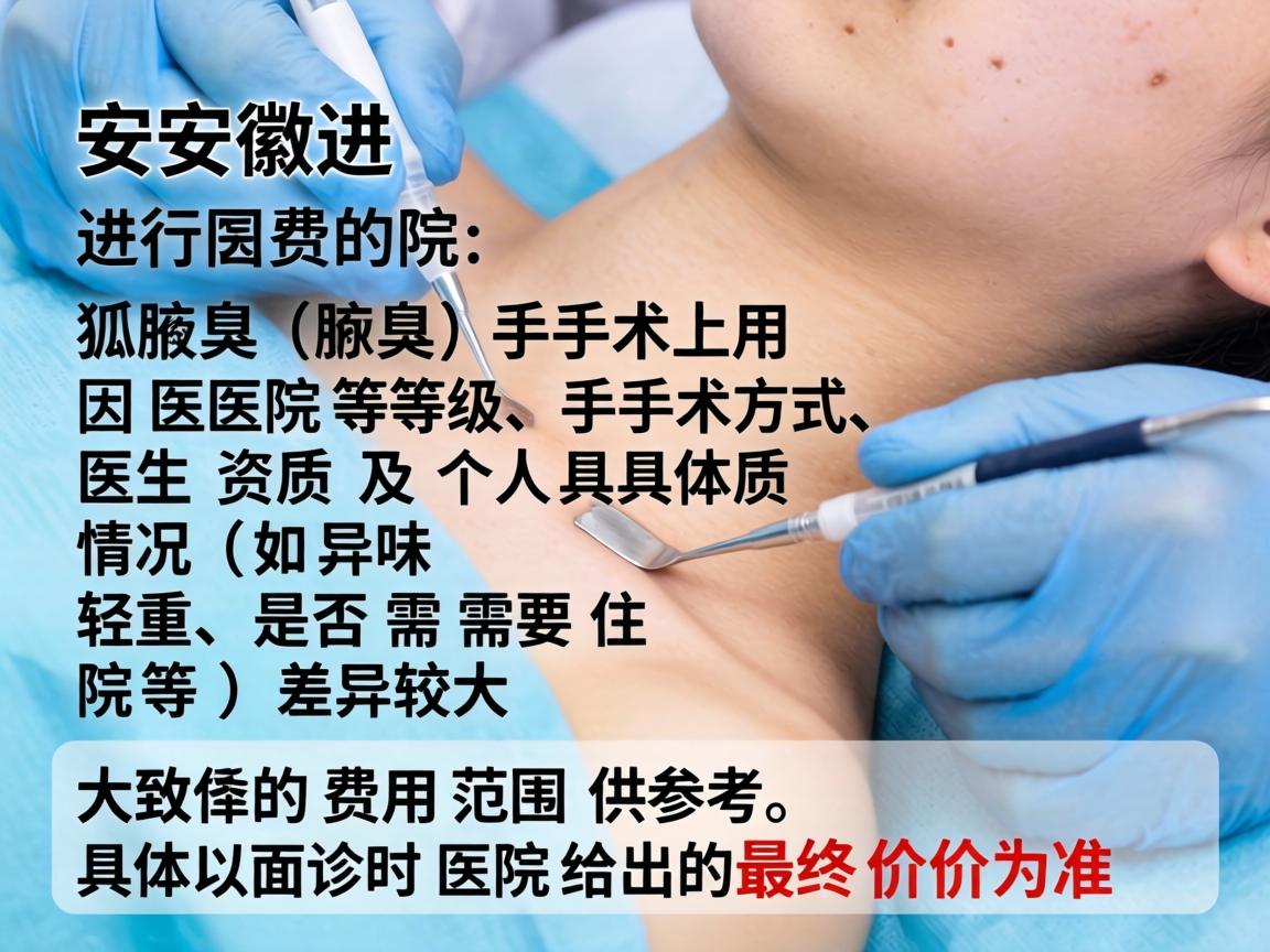 在安徽进行狐臭(腋臭)手术的费用因医院等级、手术方式、医生资质及个人具体情况(如异味轻重、是否需要住院等)差异较大。以下是大致的费用范围供参考,具体以面诊时医院给出的最终价格为准 在安徽进行狐臭(腋臭)手术的费用因医院等级、手术方式、医生资质及个人具体情况(如异味轻重、是否需要住院等)差异较大。以下是大致的费用范围供参考,具体以面诊时医院给出的最终价格为准