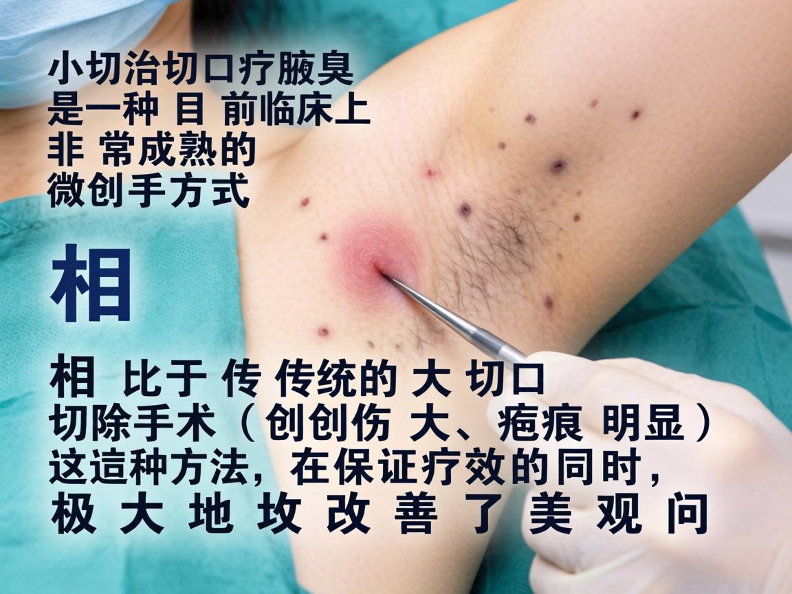 小切口治疗腋臭是一种目前临床上非常成熟的微创手术方式。相比于传统的大切口切除手术（创伤大、疤痕明显）这种方法在保证疗效的同时，极大地改善了美观问题